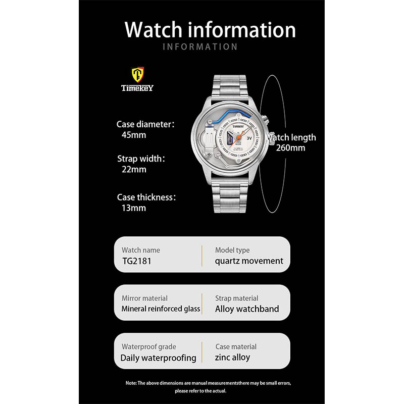 TIMEKEY Industrial Aesthetics Watch: Stainless Steel Strap, Titanium Battery Design, Trendy and Cool Men's Quartz Wristwatch