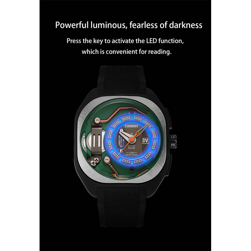 Timekey Industrial Style Electromechanical Quartz Watch, White Silicone Strap, 30-Meter Water Resistance, Trendy Men's Wristwatch