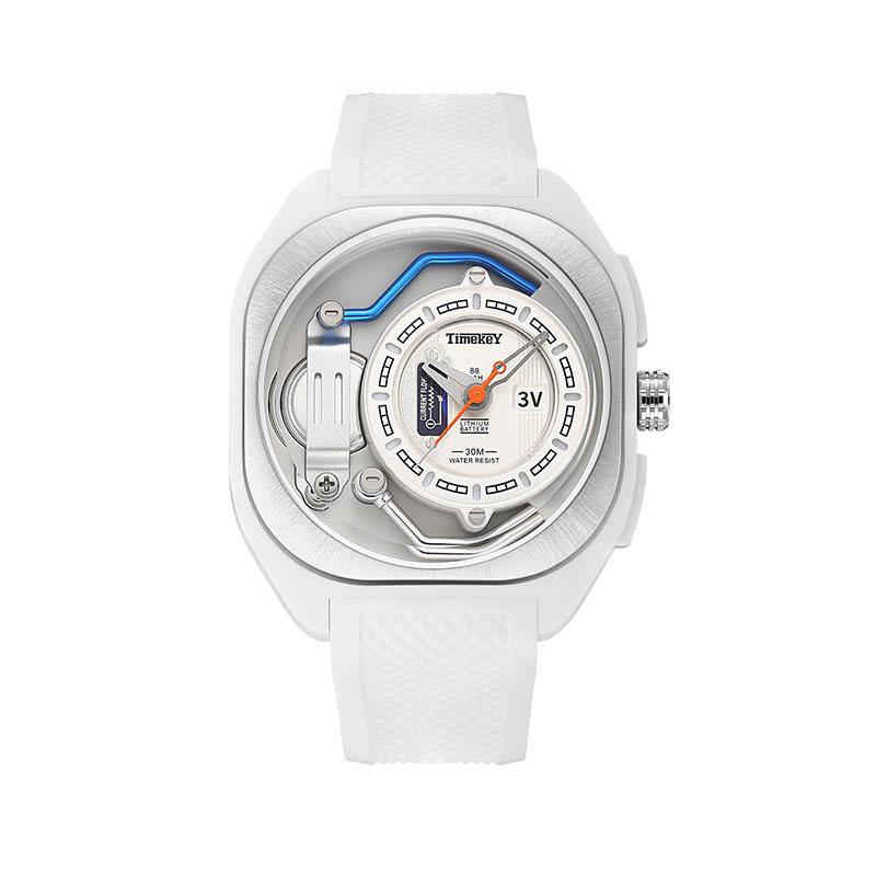 Timekey Industrial Style Electromechanical Quartz Watch, White Silicone Strap, 30-Meter Water Resistance, Trendy Men's Wristwatch