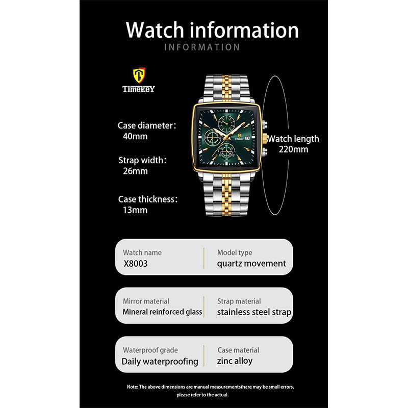 Timekey Square Multifunctional Quartz Watch With Stainless Steel Strap Chronograph - Business And Sport Men's Wristwatch
