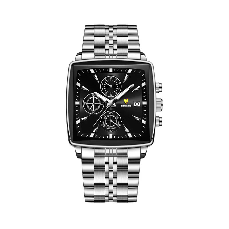 Timekey Square Multifunctional Quartz Watch With Stainless Steel Strap Chronograph - Business And Sport Men's Wristwatch