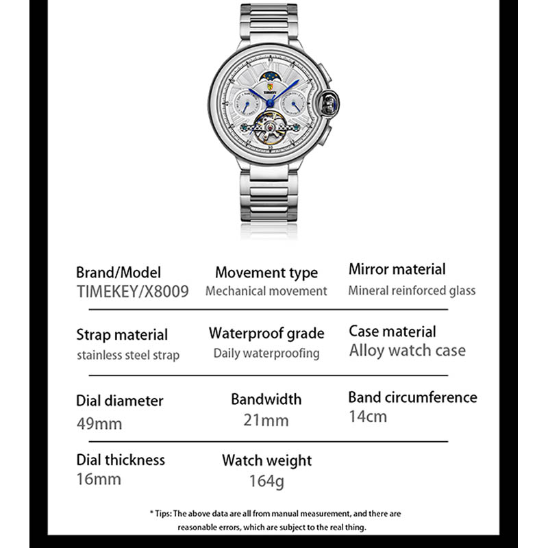 Timekey Multifunctional Tourbillon Mechanical Watch With Moon Phase Display And Stainless Steel Strap - High-End Men's Mechanical Wristwatch