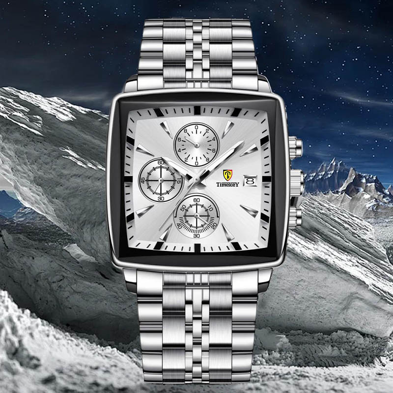 Timekey Square Multifunctional Quartz Watch With Stainless Steel Strap Chronograph - Business And Sport Men's Wristwatch