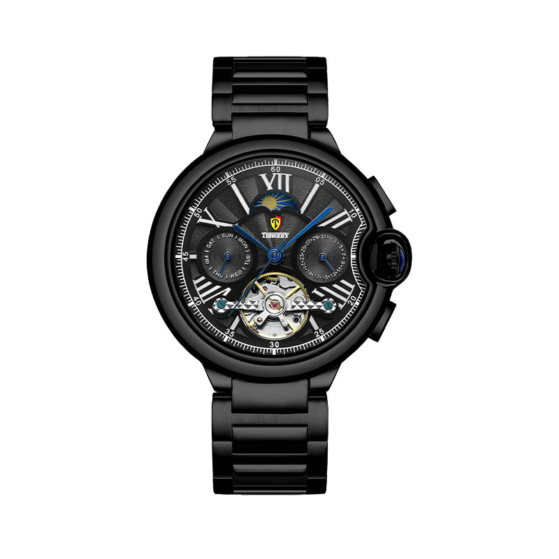 Timekey Multifunctional Tourbillon Mechanical Watch With Moon Phase Display And Stainless Steel Strap - High-End Men's Mechanical Wristwatch