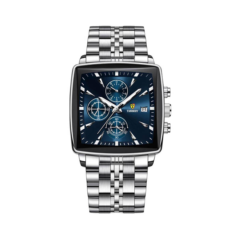 Timekey Square Multifunctional Quartz Watch With Stainless Steel Strap Chronograph - Business And Sport Men's Wristwatch