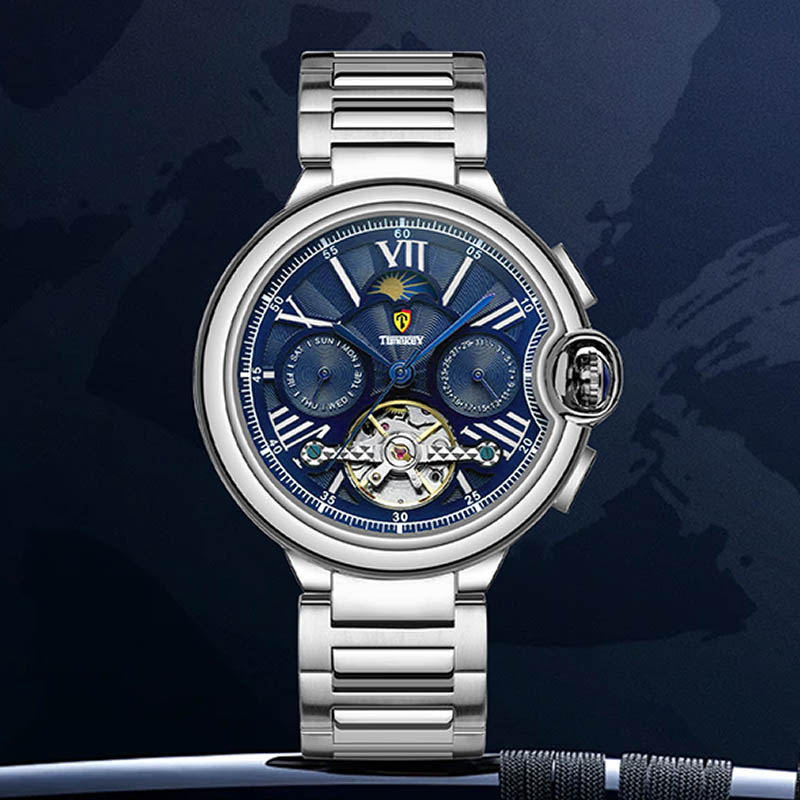 Timekey Multifunctional Tourbillon Mechanical Watch With Moon Phase Display And Stainless Steel Strap - High-End Men's Mechanical Wristwatch