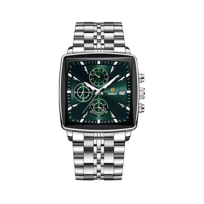 Timekey Square Multifunctional Quartz Watch With Stainless Steel Strap Chronograph - Business And Sport Men's Wristwatch