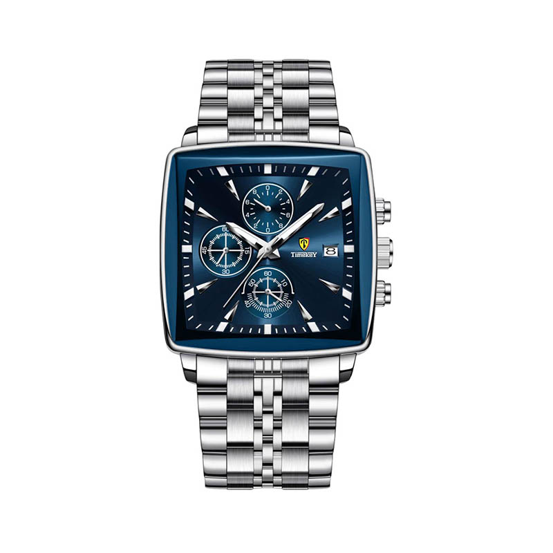 Timekey Square Multifunctional Quartz Watch With Stainless Steel Strap Chronograph - Business And Sport Men's Wristwatch