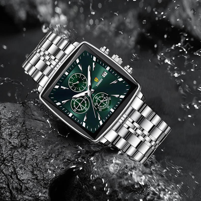 Timekey Square Multifunctional Quartz Watch With Stainless Steel Strap Chronograph - Business And Sport Men's Wristwatch