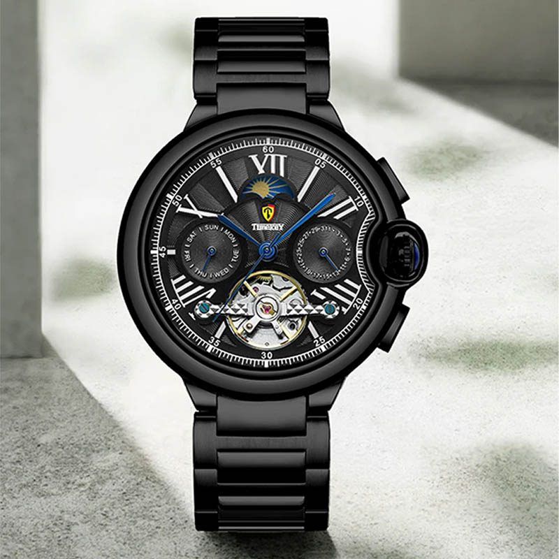Timekey Multifunctional Tourbillon Mechanical Watch With Moon Phase Display And Stainless Steel Strap - High-End Men's Mechanical Wristwatch