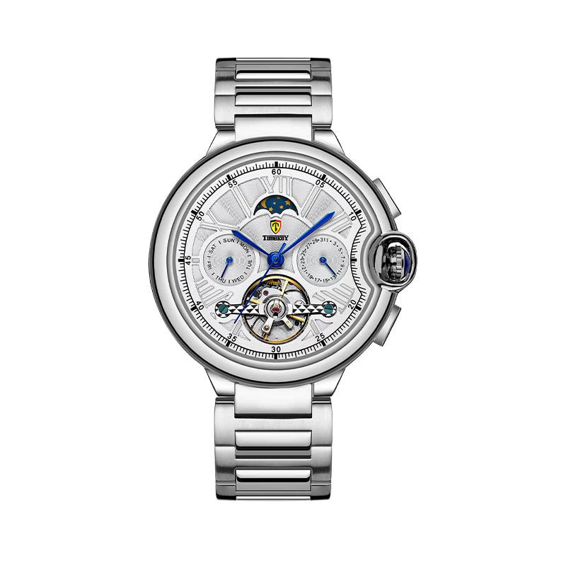 Timekey Multifunctional Tourbillon Mechanical Watch With Moon Phase Display And Stainless Steel Strap - High-End Men's Mechanical Wristwatch