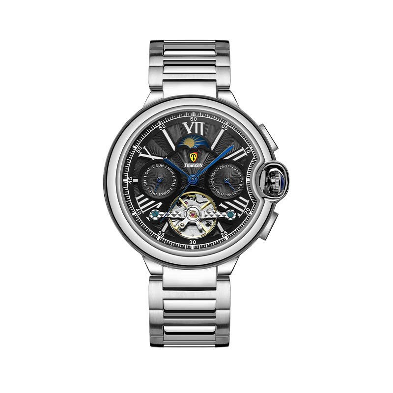 Timekey Multifunctional Tourbillon Mechanical Watch With Moon Phase Display And Stainless Steel Strap - High-End Men's Mechanical Wristwatch