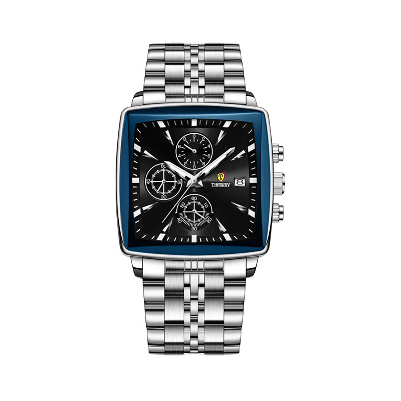 Timekey Square Multifunctional Quartz Watch With Stainless Steel Strap Chronograph - Business And Sport Men's Wristwatch