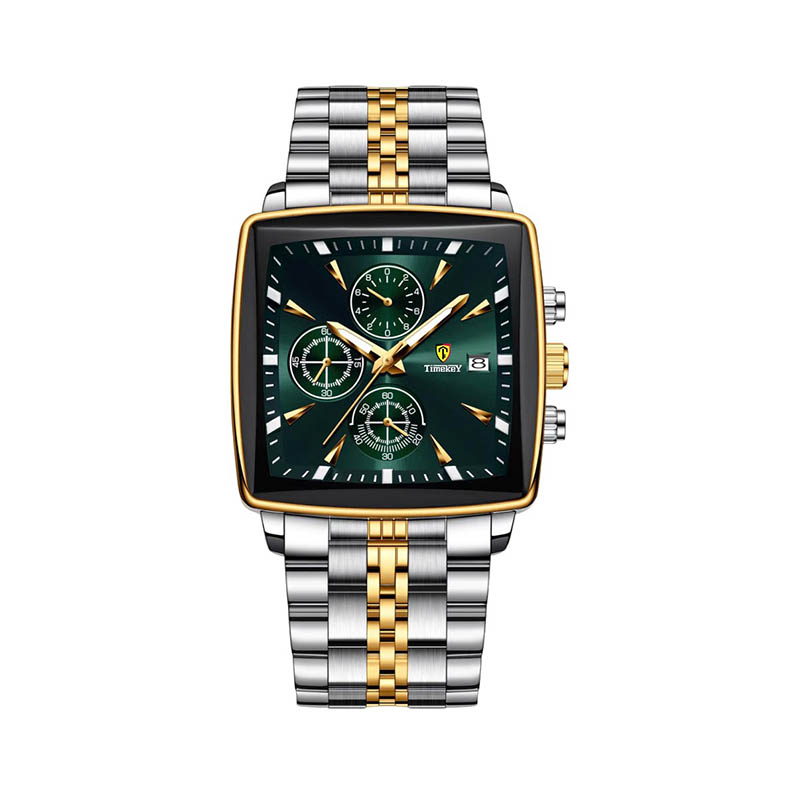 Timekey Square Multifunctional Quartz Watch With Stainless Steel Strap Chronograph - Business And Sport Men's Wristwatch