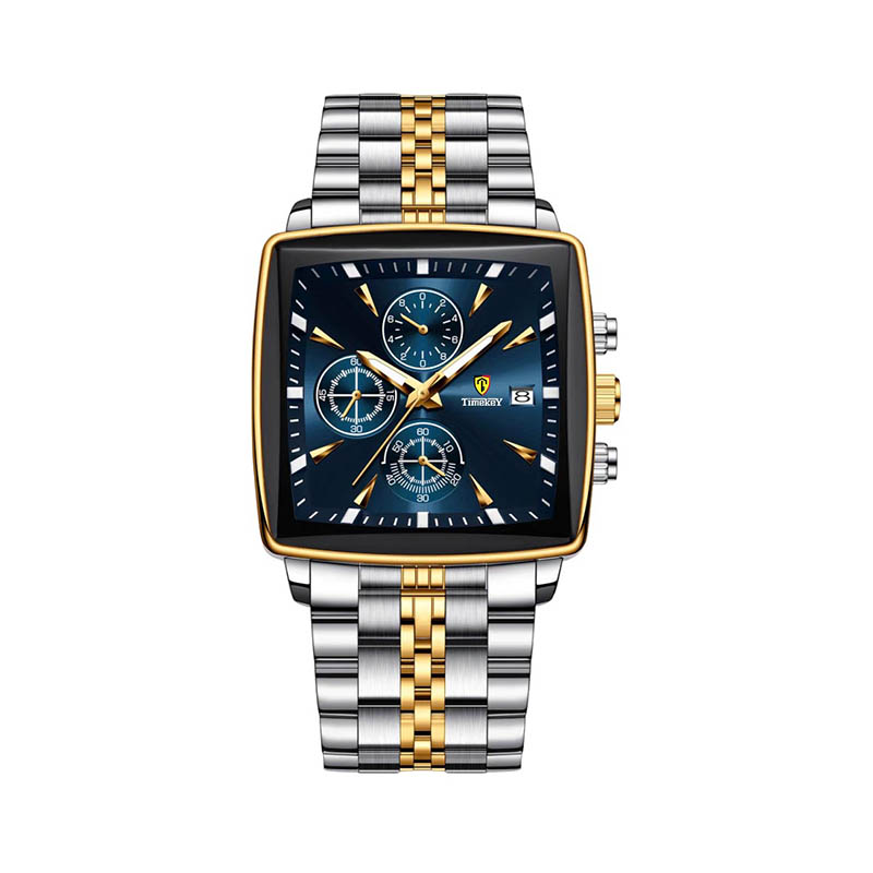 Timekey Square Multifunctional Quartz Watch With Stainless Steel Strap Chronograph - Business And Sport Men's Wristwatch
