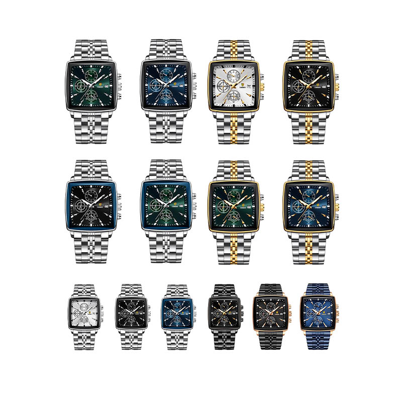 Timekey Square Multifunctional Quartz Watch With Stainless Steel Strap Chronograph - Business And Sport Men's Wristwatch