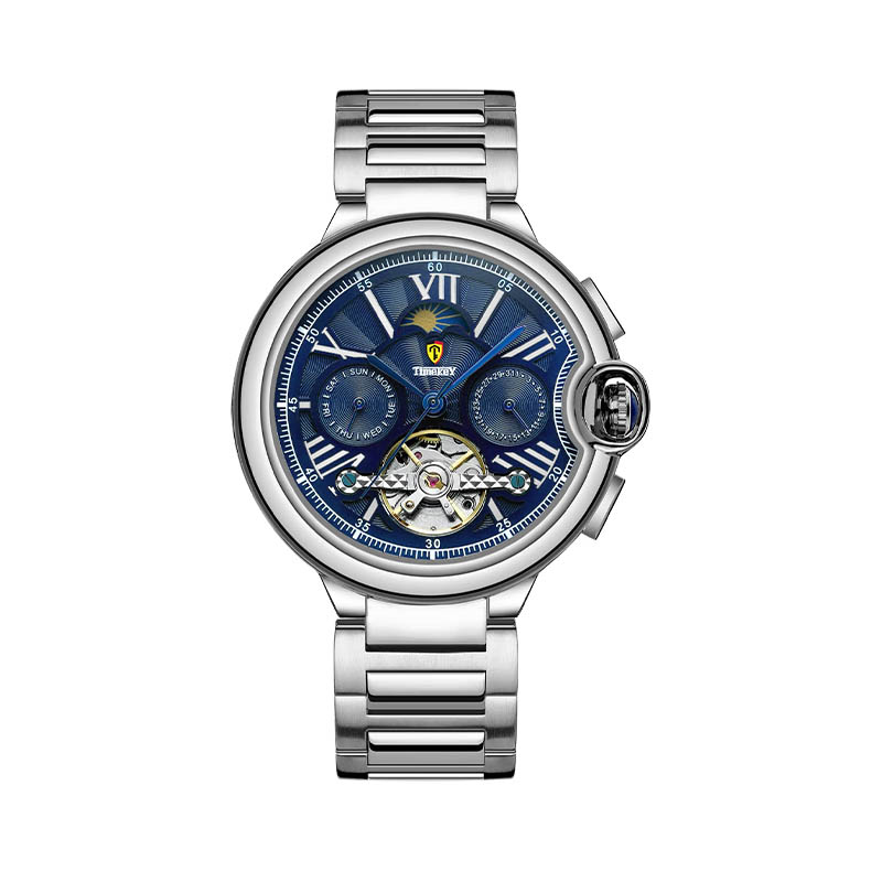 Timekey Multifunctional Tourbillon Mechanical Watch With Moon Phase Display And Stainless Steel Strap - High-End Men's Mechanical Wristwatch