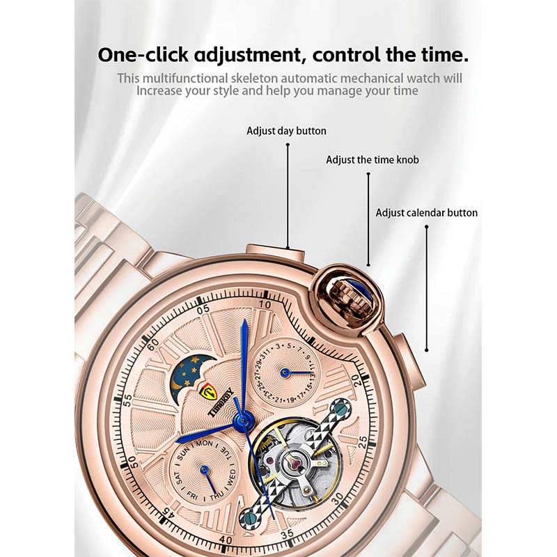 Timekey Multifunctional Tourbillon Mechanical Watch With Moon Phase Display And Stainless Steel Strap - High-End Men's Mechanical Wristwatch