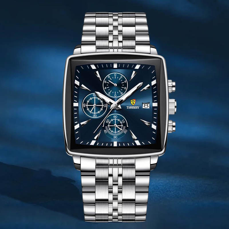 Timekey Square Multifunctional Quartz Watch With Stainless Steel Strap Chronograph - Business And Sport Men's Wristwatch