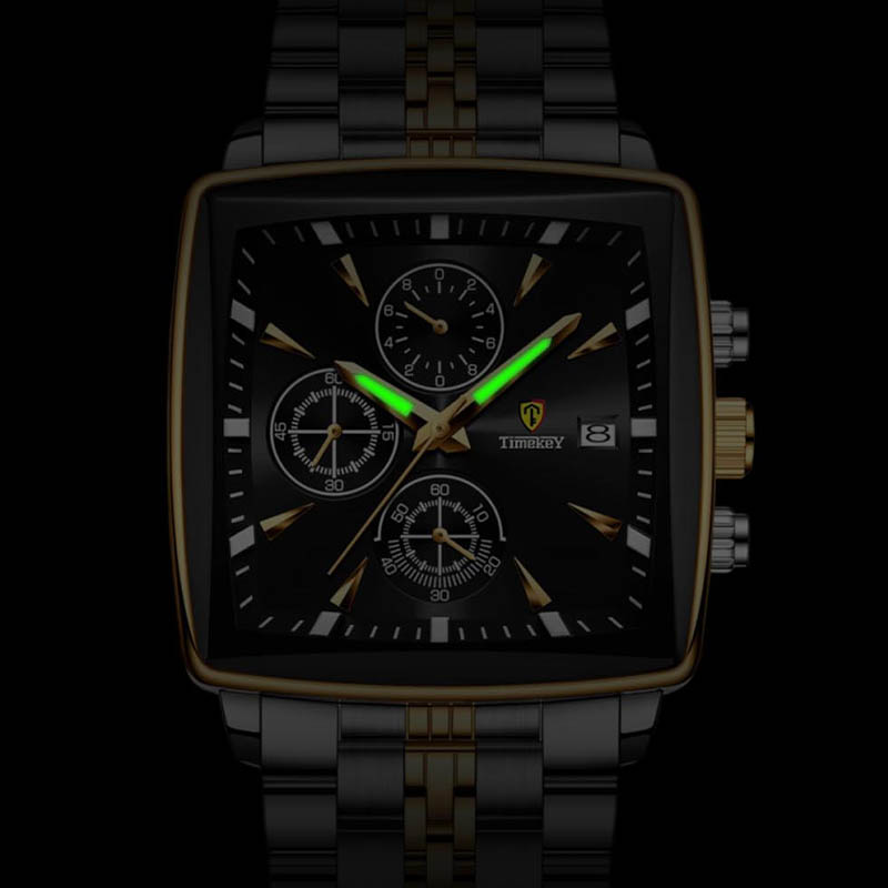 Timekey Square Multifunctional Quartz Watch With Stainless Steel Strap Chronograph - Business And Sport Men's Wristwatch