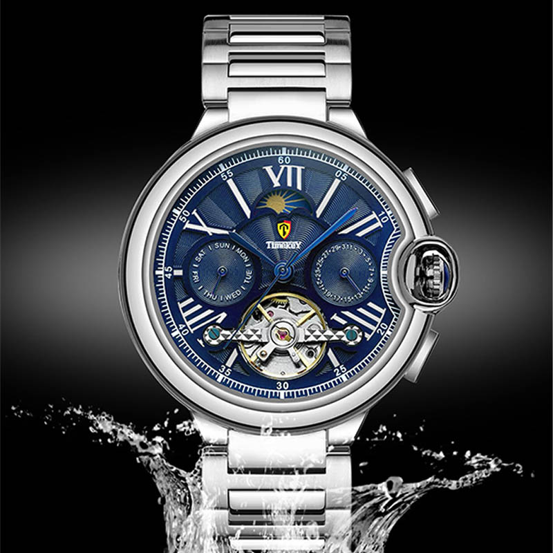 Timekey Multifunctional Tourbillon Mechanical Watch With Moon Phase Display And Stainless Steel Strap - High-End Men's Mechanical Wristwatch