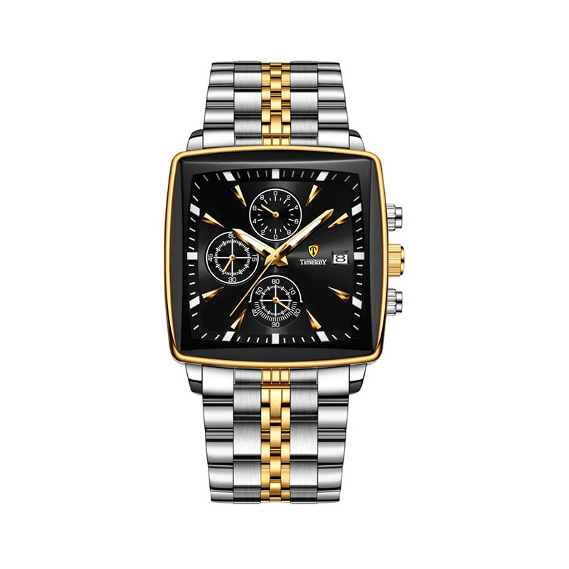 Timekey Square Multifunctional Quartz Watch With Stainless Steel Strap Chronograph - Business And Sport Men's Wristwatch